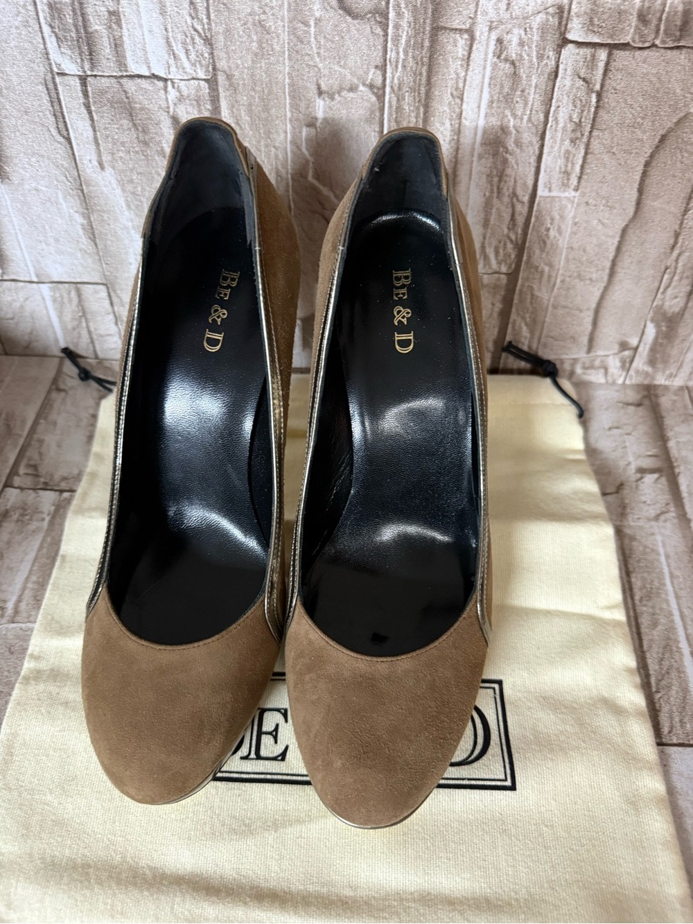 Be & D Antonia Taupe Suede Round-Toe High Heels